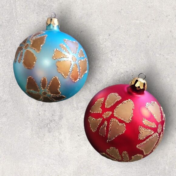 Vintage Set of 2 Hand‑Painted Hibiscus Christmas Ornaments Red Blue Gold Glitter - Picture 2 of 7
